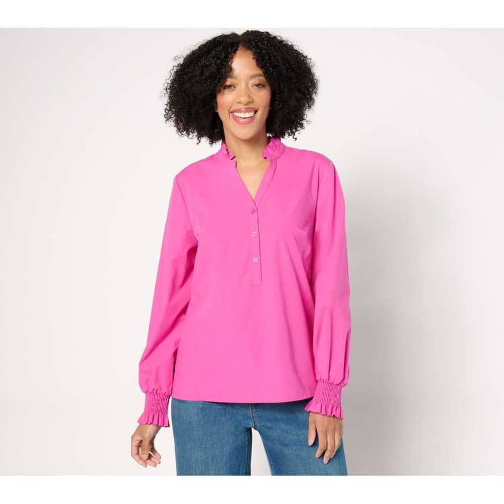 Studio Park Women's Top Sz L Ruffle Collar Smocked Cuff Henley Shirt Pink